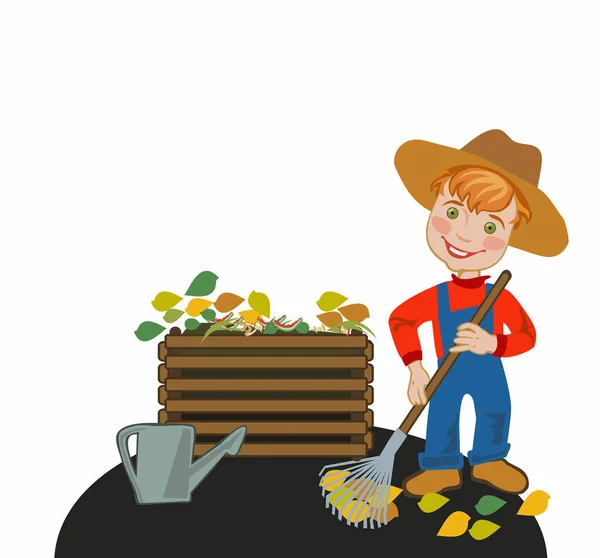 Gardener Rakes Leaves Compost Box — Stock Photo, Image