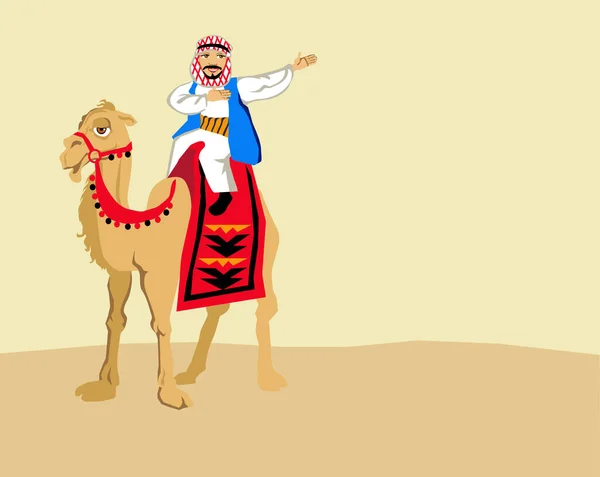 Happy Smiling Arab White Thobe Keffiyeh Riding Camel Decorated Red — Stock Photo, Image