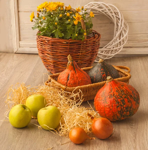 Oogstpompoenen Hokkaido Andere Groenten Een Houten Ondergrond — Stockfoto