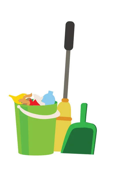 Green Bucket Garbage Scoop Broom White Background Concept Cleaning — Stock Vector