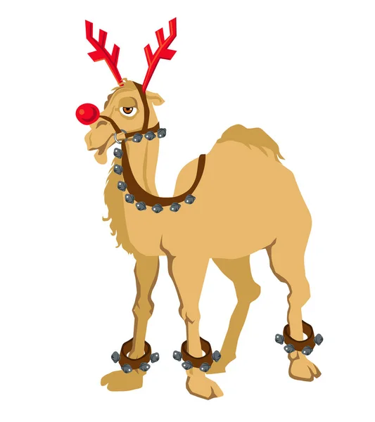Веселий Верблюд Костюмі Оленя Упряжі Санта Клауса Білому Фоні Ізольованого — стоковий вектор