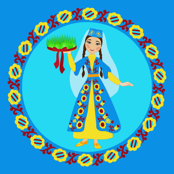 Crimean Tatar girl in folk costume holding sabzeh (symbols of Nowruz) in ornamental circle