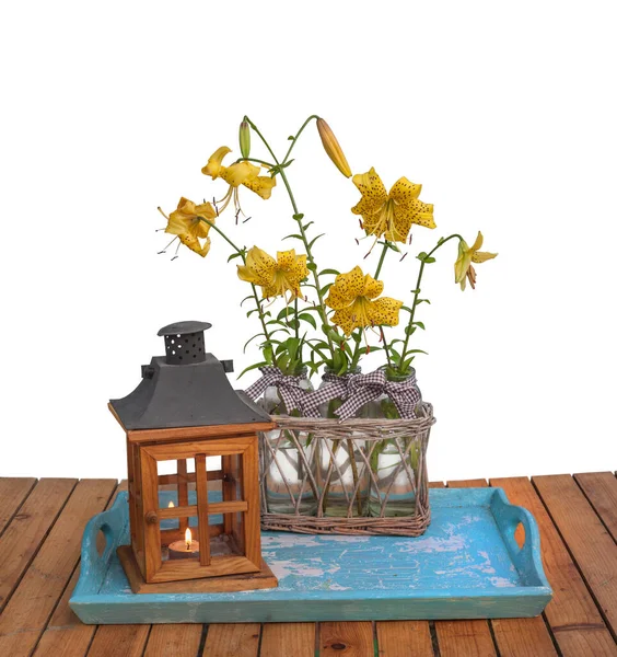 Bouquet Yellow Lilies Citronella Blue Tray Next Old Lamp White — Stock Photo, Image