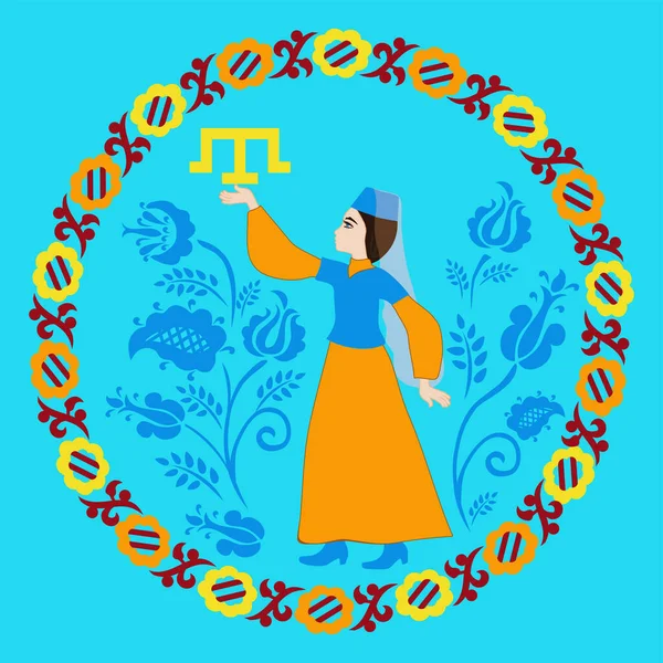 Kırım Tatar kızı, doğu süsünün arka planına karşı bir tamga saklar. Kırım Tatarlarının özgürlük kavramı