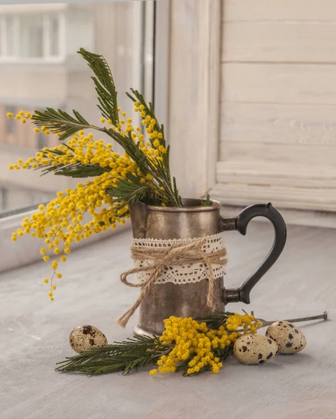 Mimosa Pot Quail Eggs Window — Stock Photo, Image