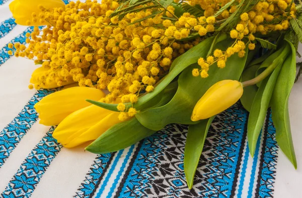 Mimosa Yellow Tulips Ukrainian Embroidered Towel Products Mass Production — Stock Photo, Image