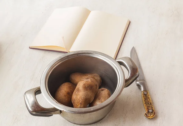 Boiled Potatoes Saucepan Background Clean Slate Write Book Recipes — Stock Photo, Image