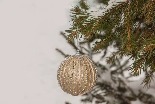 Bola Natal Numa Árvore Coberta Neve Quintal Produção Massa — Fotografia de Stock