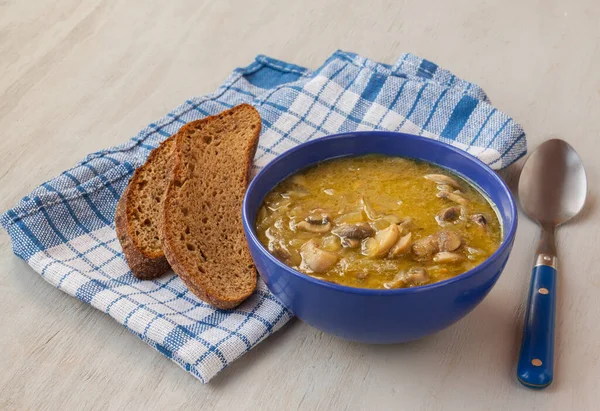 Vegan lenten mushroom soup in a blue plate and slices of rye bread — Stock Image Vegan Lenten Mushroom Soup Blue Plate Slices Rye Bread Stock Photo