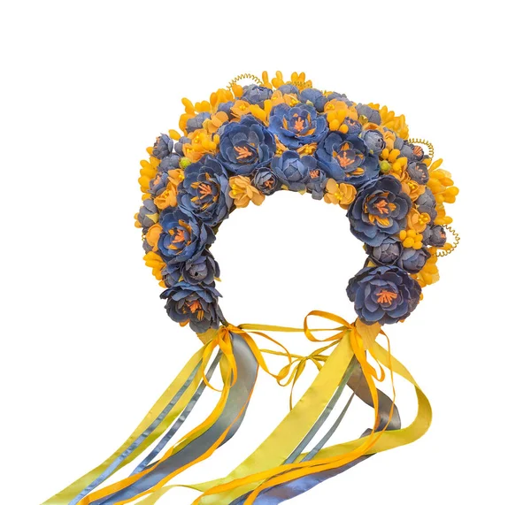Ukrainian Wreath Yellow Blue Flowers Ribbons White Background Isolated — Stock Photo, Image