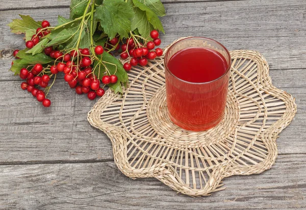 Glass Drink Bunch Viburnum Berries Wooden Background — Stock Photo, Image