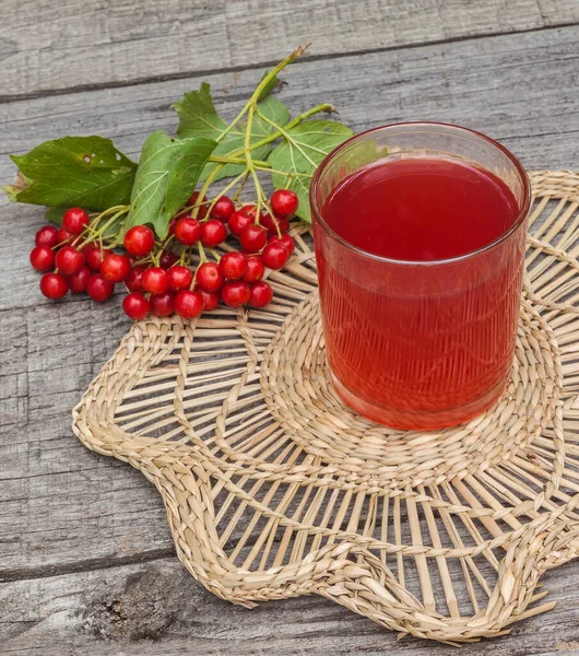 Glass Drink Bunch Viburnum Berries Wooden Background — Stock Photo, Image
