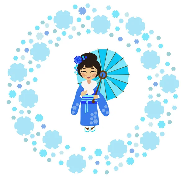 身穿和服的日本女孩欣赏雪花环中飘落的雪花 — 图库矢量图片