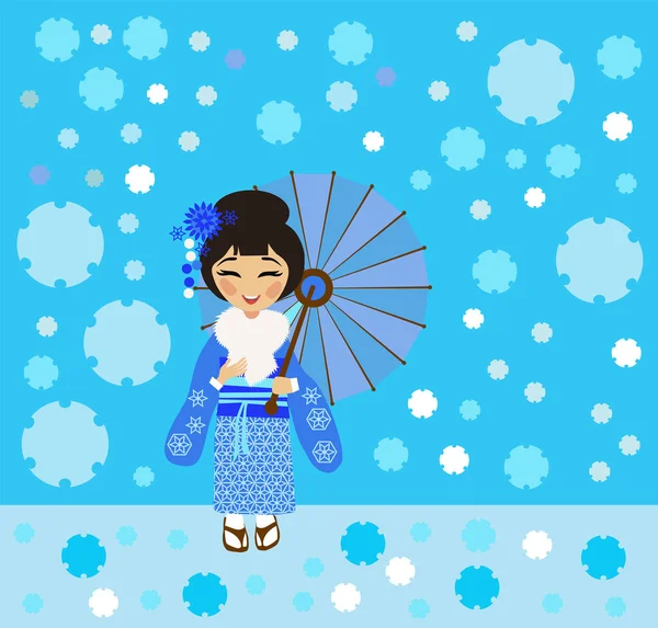 穿着和服的日本女孩欣赏飘落的雪 — 图库矢量图片