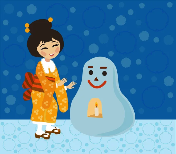Gadis Jepang Membuat Ritual Manusia Salju Yuki Daruma - Stok Vektor