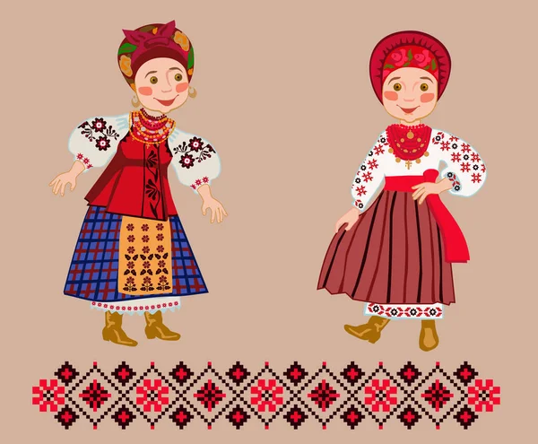 Deux Jeunes Femmes Vêtements Folkloriques Ukrainiens Montrent Des Robes — Photo