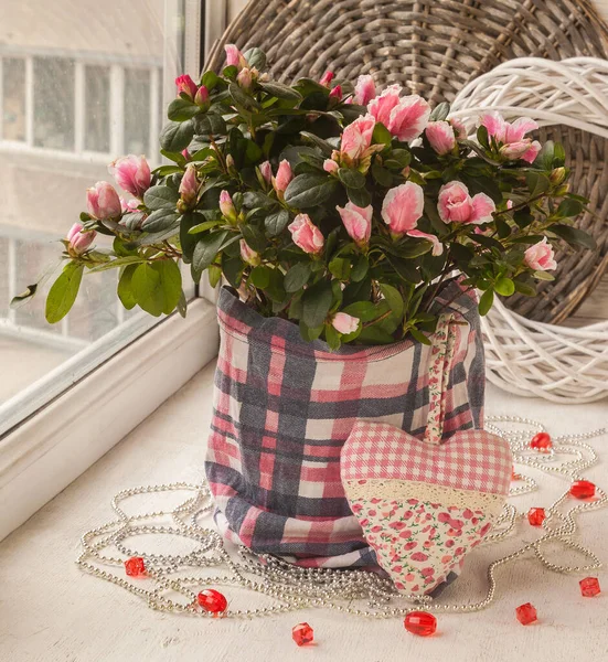 Het Raam Versieren Voor Valentijnsdag Azalea Met Decoratief Hart Kralen — Stockfoto