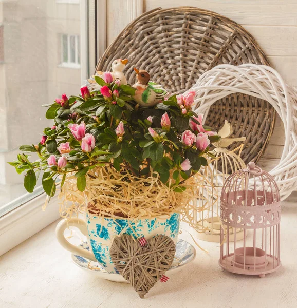 Azálea Rododendro Vaso Vintage Com Decoração Adesivos Par Patos Janela — Fotografia de Stock