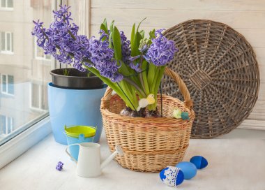 Sepette mavi sümbüller ve arka planda örülmüş Paskalya yumurtaları.