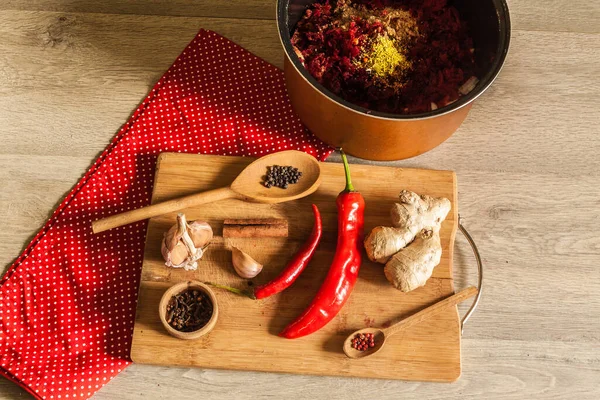 Various Spicy Ingredients Recipe Chutney Apples Beets Table Flat Lay — Stock Photo, Image
