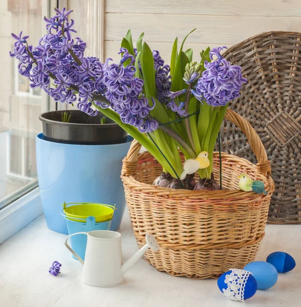 Blue Hyacinths Basket Easter Eggs Window Background Braided Circle — Stock Photo, Image