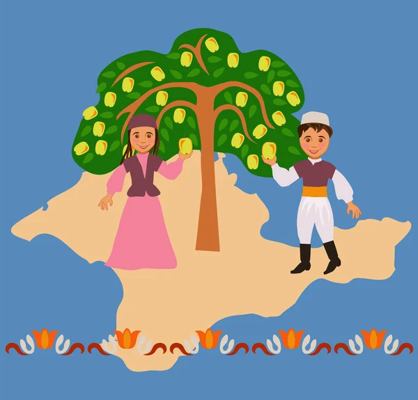 男の子と女の子でザタタール民族衣装近くAローカルリンゴ品種で背景シルエットのクリミア — ストック写真
