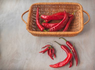 Gri masadaki sepetin içinde kırmızı biber hasadı. Düz yatıyordu