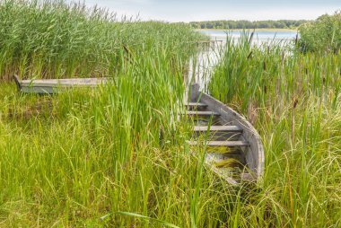Güneşli bir günde Svityaz (Shatsky Gölleri) gölündeki eski tekne