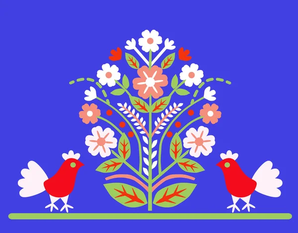 青い背景に2羽の鳥が描かれた民俗装飾 生命の木 — ストック写真