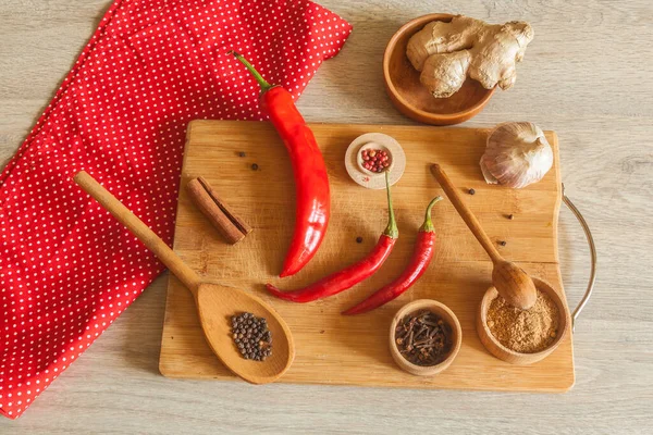 Spices Condiments Kitchen Table Ingredients Spicy Sauces Chutney Flat Lay — Stock Photo, Image