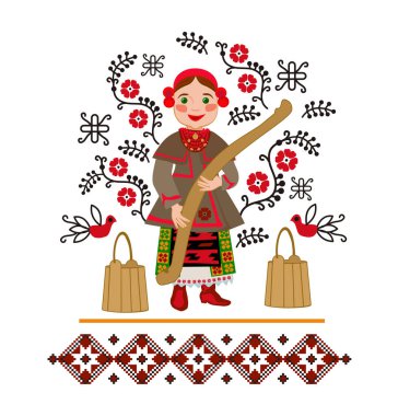 İki ağır kova dolusu su taşıyan bir kız omzundaki boyunduruktan asılmış. Bir halk şarkısı için gösterişli bir illüstrasyon.