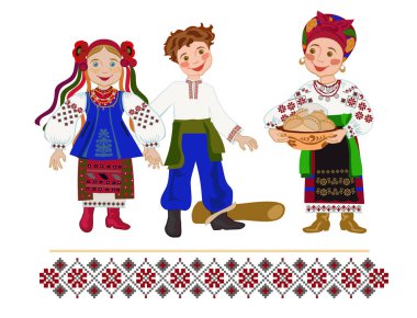Ukrayna halk kostümlü bir kız ve yanında krep tabağı. Pankek Haftası için Karnaval ya da Şrovetid 'i tebrik ederim.