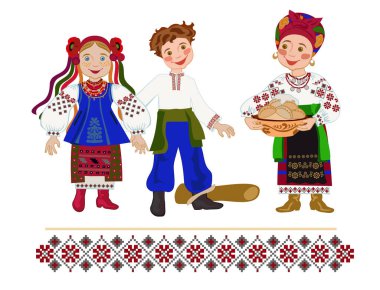 Girl  in a Ukrainian folk costume with a plate with pancakes. Congratulation with the Carnival or Shrovetide, to the Pancake week clipart
