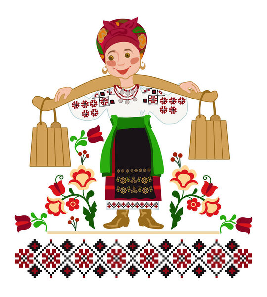 Girl carrying two heavy pails filled with water suspended from a shoulder yoke on her. Ornamental illustration for a folk song.