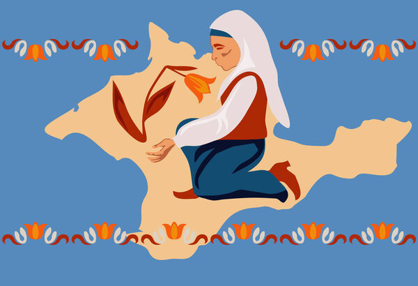 Old Crimean Tatar woman against a stylized Crimean map near a broken tulip. The concept of a difficult return of the Crimean Tatars after deportation