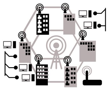 Infrastructure cellular or mobile communication system in the village. Concept clipart