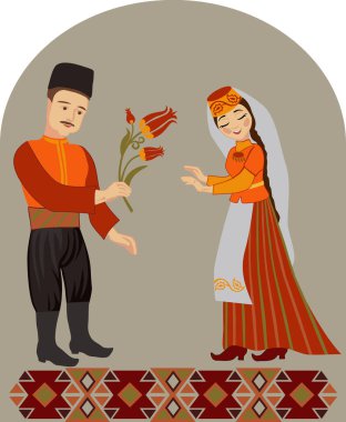 Crimean Tatar couple in love with a tulip on a gray background. Wedding greeting concept clipart