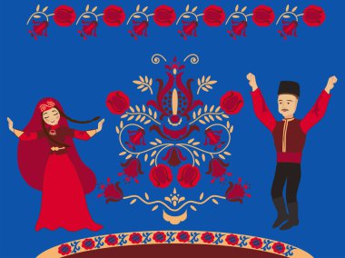 Dans eden Kırım Tatar çifti ve mavi arka planda Nar Hayat Ağacı. Zenginlik ve bir sürü çocuk isteyen bir düğün kartı..