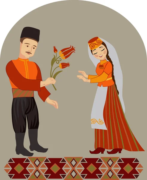 Krymský Tatarský Pár Zamilovaný Tulipánu Šedém Pozadí Koncept Svatebního Přivítání — Stockový vektor