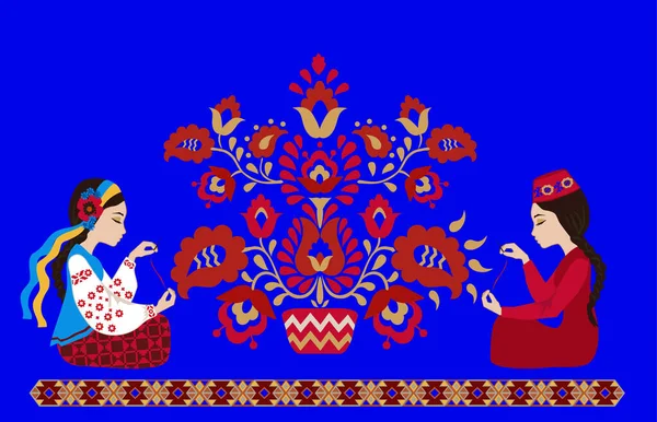 Ukraynalı ve Kırım Tatar kız nakışçı Hayat Ağacı. Ukrayna 'nın birliği kavramı