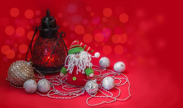 Red Glass Vintage Lantern New Year Toys Gnome Red Background — Stock Photo, Image