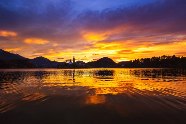 Amazing Sunrise Lake Bled Springtime Slovenia Europe — Stock Photo, Image