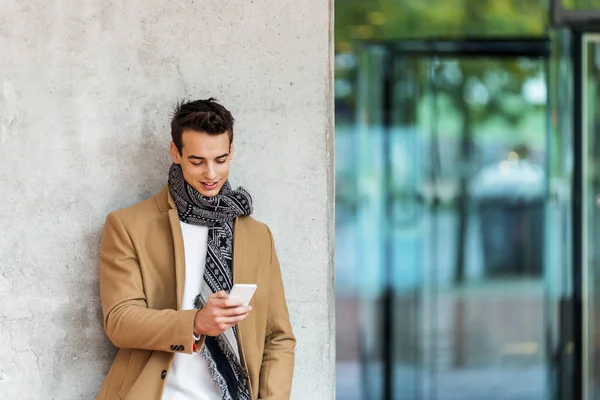 Front View Fashionable Young Man Wearing Denim Clothes Leaning Wall — Stock Photo, Image