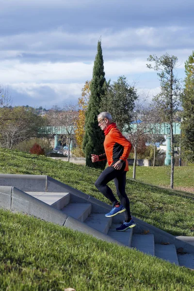 Bir üst düzey Beyaz atlet adam eğitim çalışan bir park açık havada merdivenlerde yukarı ve aşağı güneşli bir gün yan görünüm