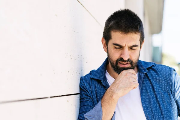 Thoughtful Bearded Male Leaning Wall Hand Chin — Stock Photo, Image