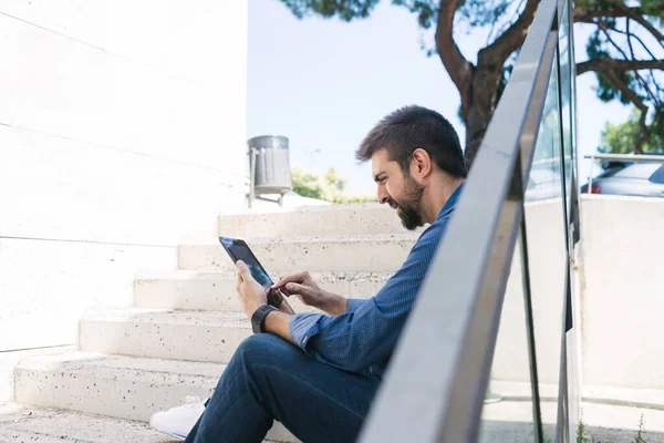 Portrait Bearded Man Sitting Steps While Using Tablet — Stock Photo, Image