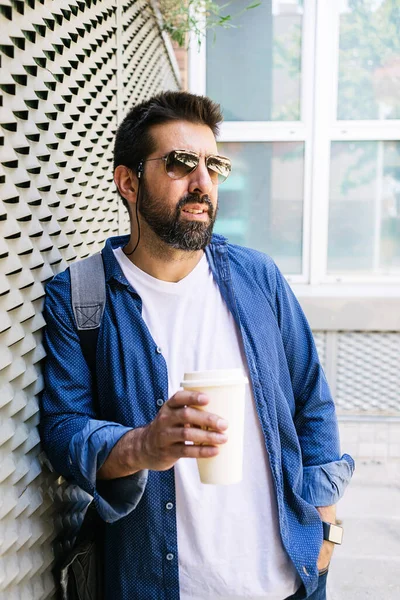 Portrait Handsome Man Blue Shirt Standing Coffee Metallic Wall Background — Stock Photo, Image