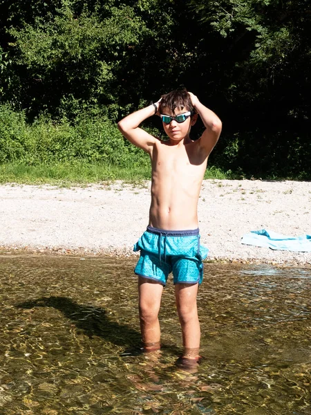 Little Boy Standing Shallow Water Forest Mediterranean Country Summer Time — Stock Photo, Image