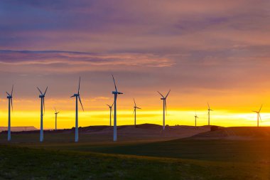 Rüzgar türbinleri gün batımına karşı sahada İspanya 'da