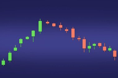 Koyu mavi arka planda kırmızı ve yeşil çubuklu 3 boyutlu şamdan şeması. Finans, ticaret, kripto ya da borsa görselleştirmelerinde kullanılan insanlar yok..